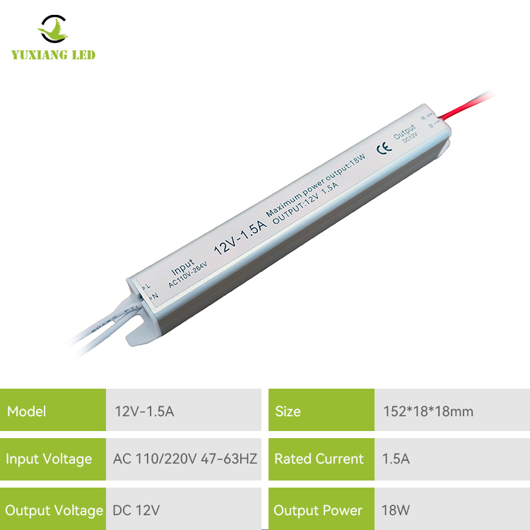 Srebrzysty, ultrawąski, ultracienki zasilacz LED 12 V 1,5 A 18 W