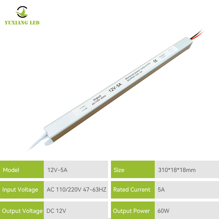 Srebrzysty, ultrawąski, ultracienki zasilacz LED 12V 5A 60W