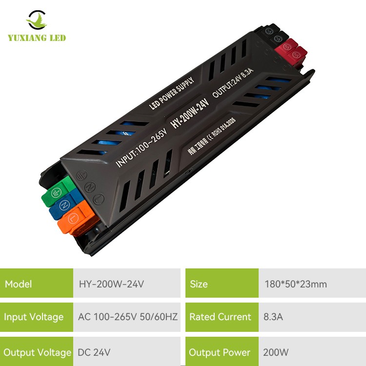 Ultracienki zasilacz LED z półotworem DC 24 V i mocy 200 W