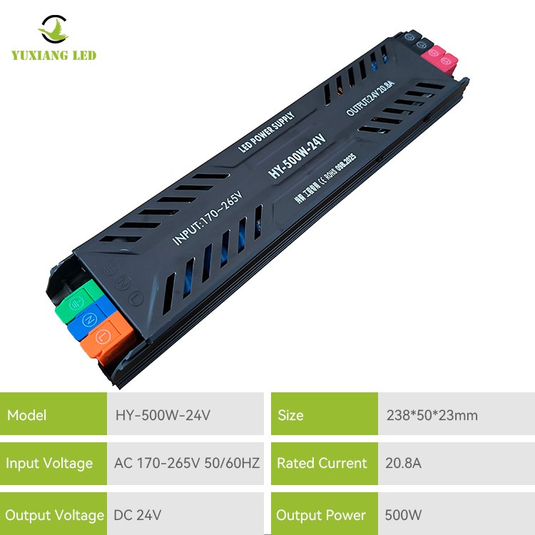 Ultracienki zasilacz LED z półotworem DC 24 V i mocy 500 W
