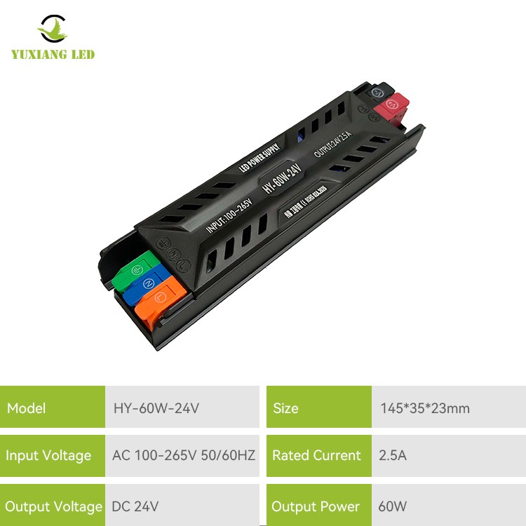 Ultracienki zasilacz LED z półotworem DC 24 V i mocy 60 W